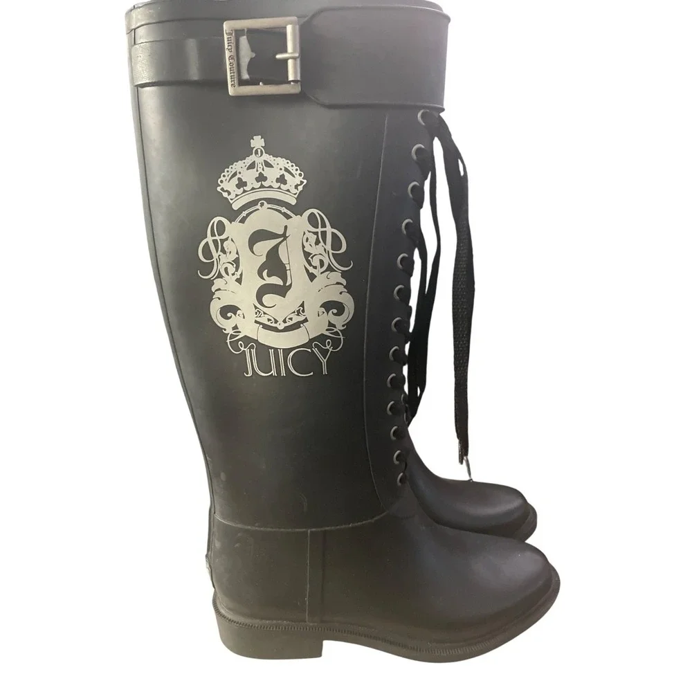 Juicy Couture Black Rubber Rain Boots Silver Crest Logo Lace Up Womens Size 7